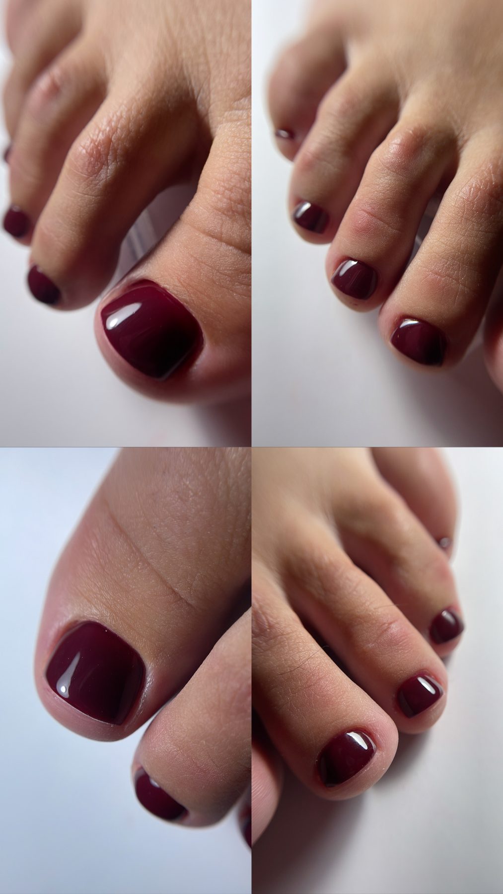 Cosmetische pedicure met donkerrode gellak